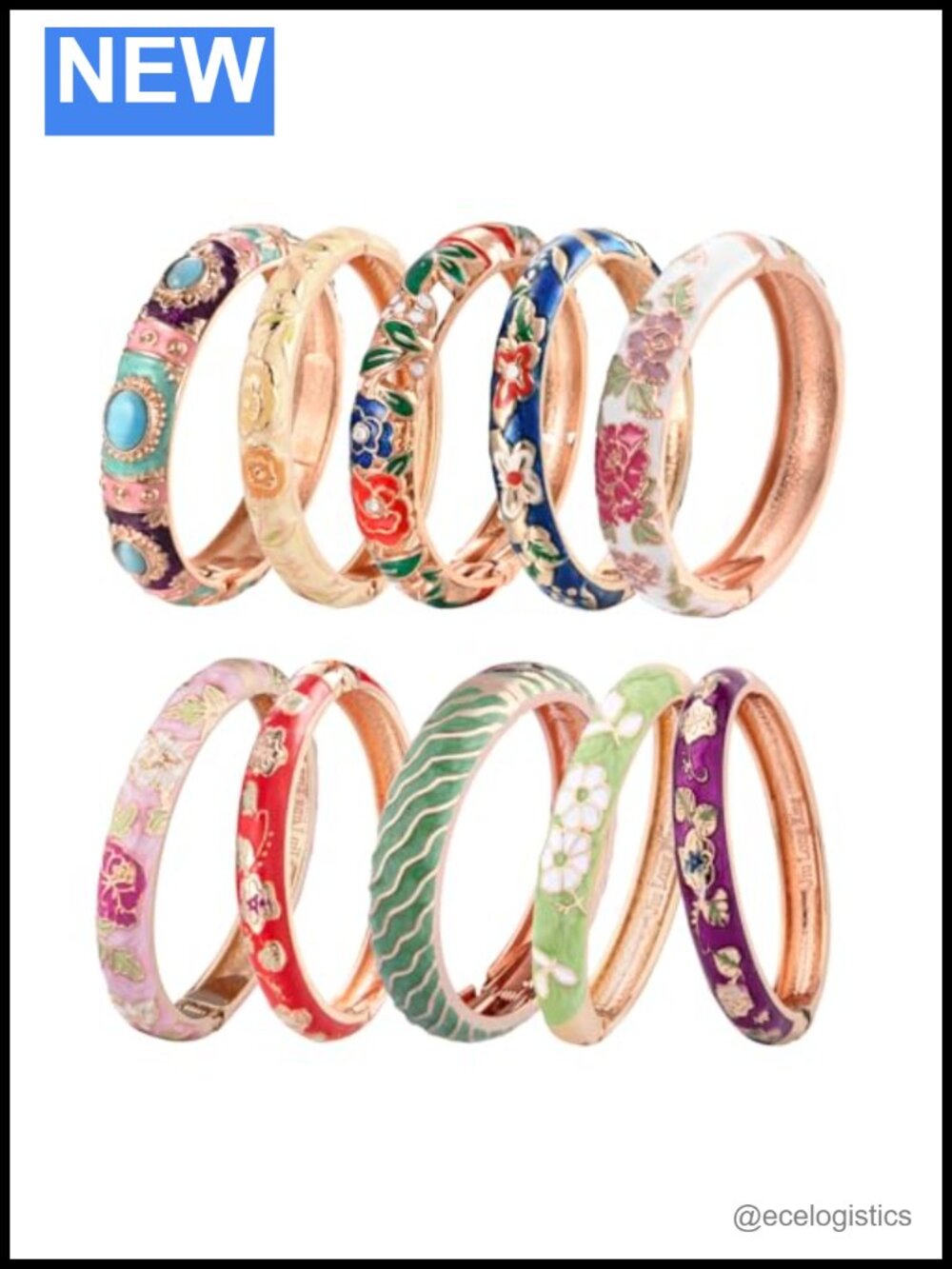 Enamel Flower Jewelry Set 10 Pc Cloisonne Bracelets in Box Gift